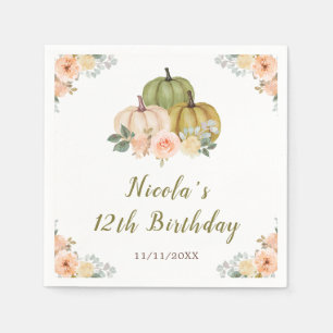 Sage Green and Peach Floral Pumpkins Birthday Napkin