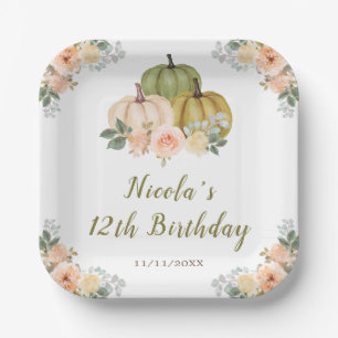 Sage Green and Peach Floral Pumpkins Birthday Paper Plate