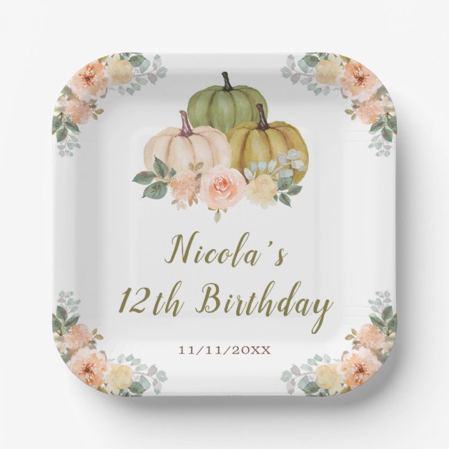 Sage Green and Peach Floral Pumpkins Birthday Paper Plate (Front)