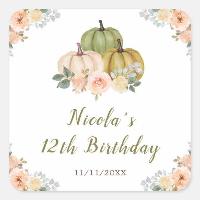 Sage Green and Peach Floral Pumpkins Birthday Square Sticker (Front)