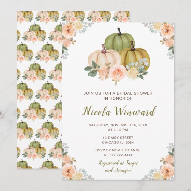 Sage Green and Peach Floral Pumpkins Bridal Shower Invitation (Front/Back)