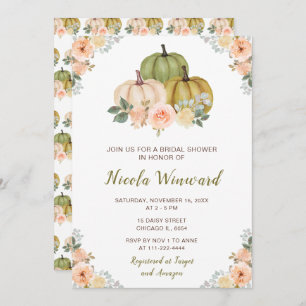 Sage Green and Peach Floral Pumpkins Bridal Shower Invitation