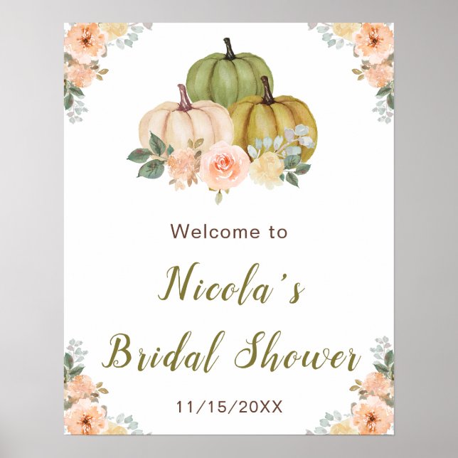Sage Green and Peach Floral Pumpkins Bridal Shower Poster (Front)