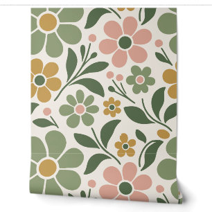 Sage Green and Peach Groovy 70s Flower Wallpaper