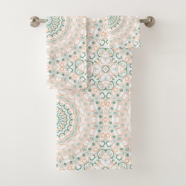 Sage Green and Peach Mandala Pattern Bath Towel Set (Insitu)