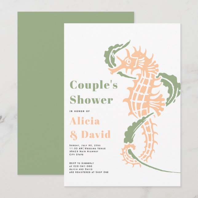 Sage green and peach seahorse beach couples shower invitation (Front/Back)
