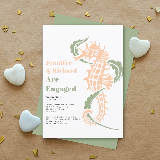 Sage green and peach seahorse engagement party invitation (Creator Uploaded)