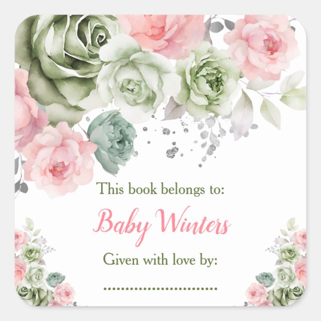 Sage Green and Pink Floral Baby Shower Bookplate Square Sticker (Front)