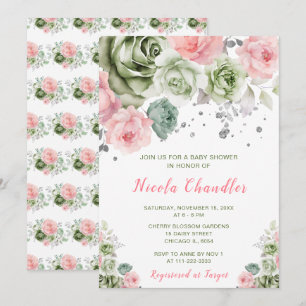 Sage Green and Pink Floral Baby Shower Invitation