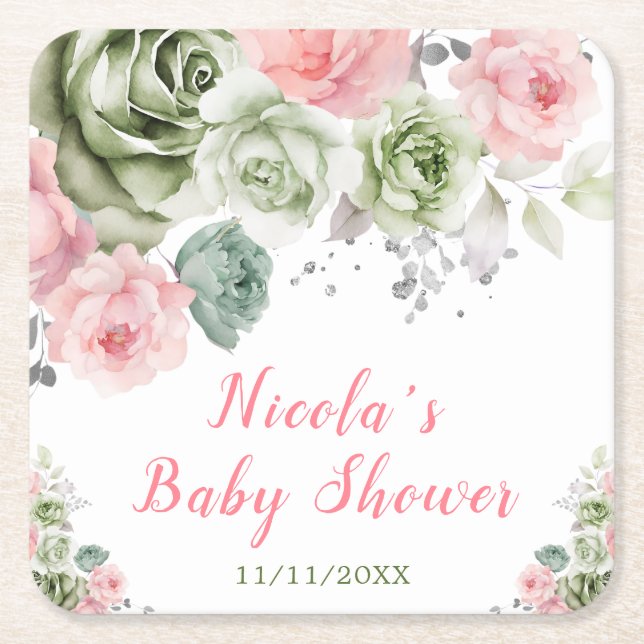 Sage Green and Pink Floral Baby Shower Square Paper Coaster (Front)