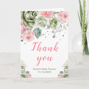 Sage Green and Pink Floral Baby Shower Thank You Card