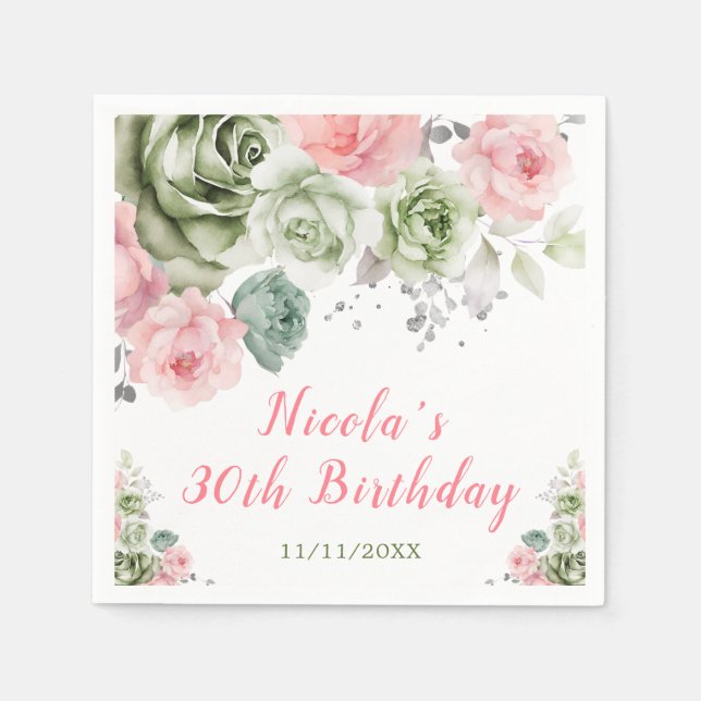 Sage Green and Pink Floral Birthday Napkin (Front)