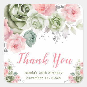 Sage Green and Pink Floral Birthday Square Sticker