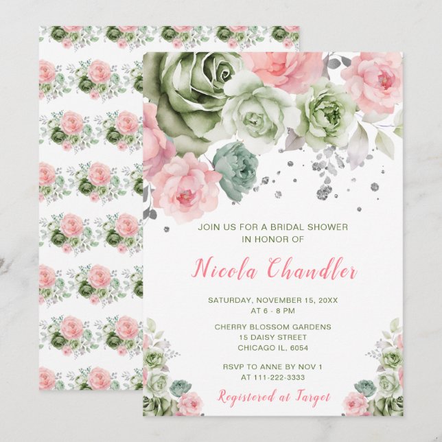 Sage Green and Pink Floral Bridal Shower Invitation (Front/Back)