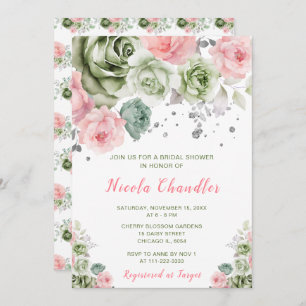 Sage Green and Pink Floral Bridal Shower Invitation