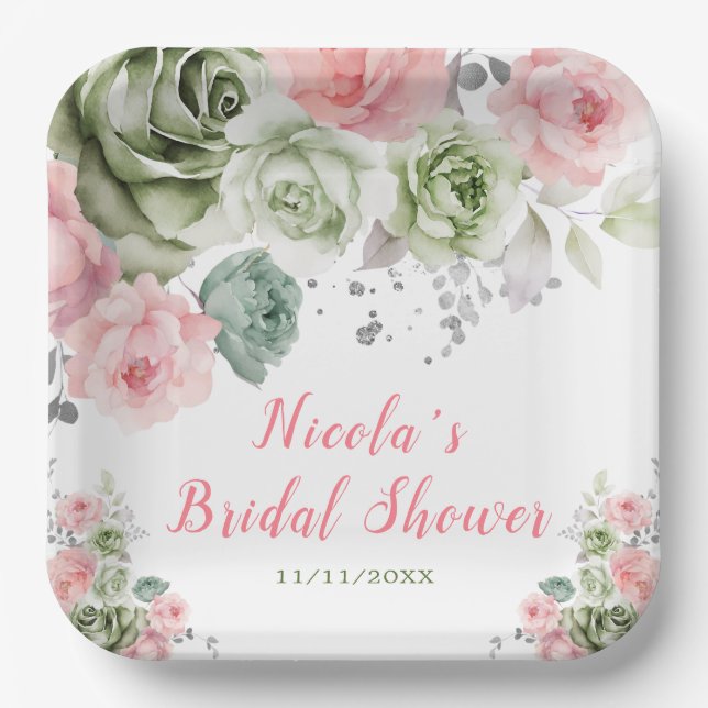 Sage Green and Pink Floral Bridal Shower Paper Plate (Front)