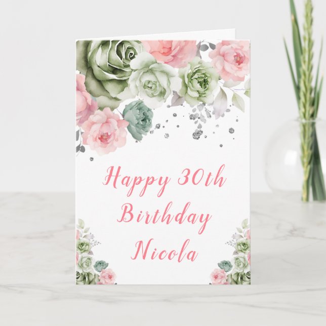Sage Green and Pink Floral Happy Birthday Card (Front)