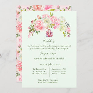 Sage Green and Pink Floral Hindu Ganesh Wedding Invitation