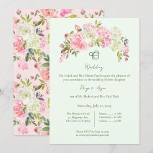 Sage Green and Pink Floral Sikh Ik Onkar Wedding Invitation