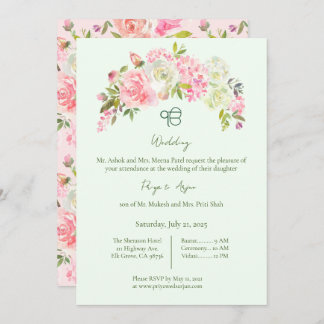 Sage Green and Pink Floral Sikh Ik Onkar Wedding Invitation