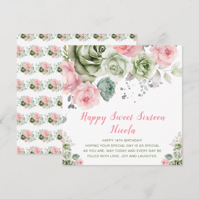 Sage Green and Pink Floral Sweet Sixteen Card (Front/Back)