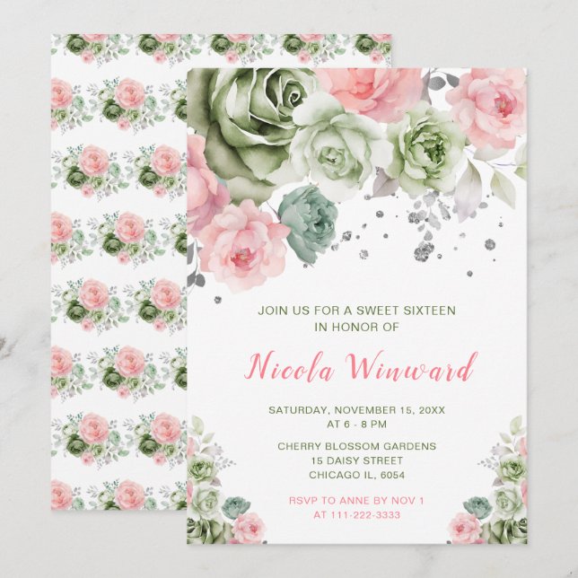 Sage Green and Pink Floral Sweet Sixteen Invitation (Front/Back)