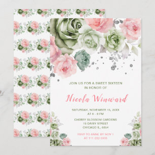 Sage Green and Pink Floral Sweet Sixteen Invitation