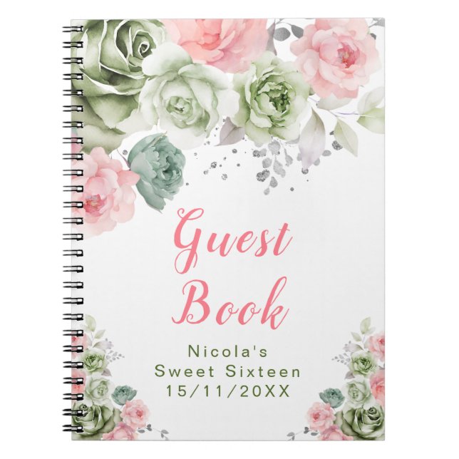 Sage Green and Pink Floral Sweet Sixteen Notebook (Front)