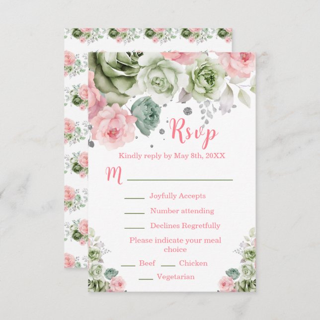 Sage Green and Pink Floral Sweet Sixteen RSVP Card (Front/Back)