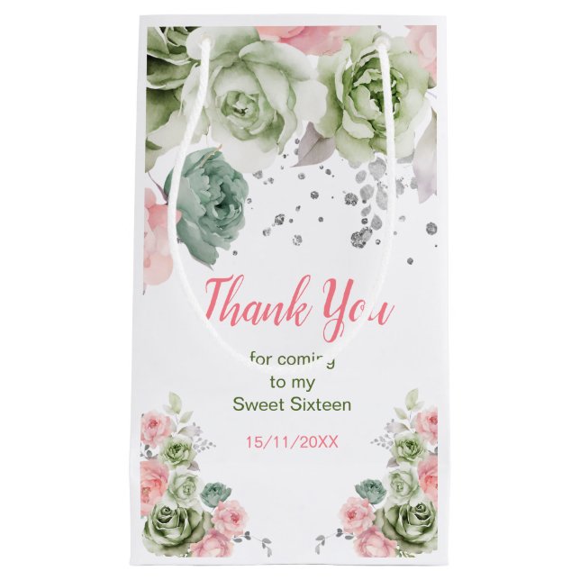 Sage Green and Pink Floral Sweet Sixteen Small Gift Bag (Front)