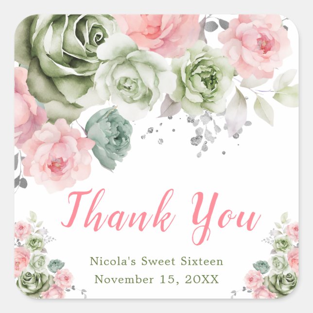 Sage Green and Pink Floral Sweet Sixteen Square Sticker (Front)