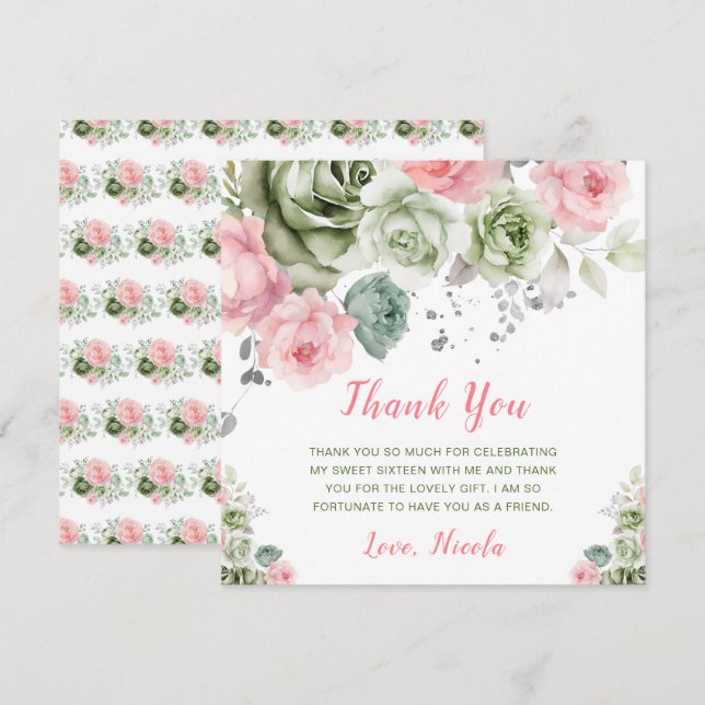 Sage Green and Pink Floral Sweet Sixteen Thank You Card (Front/Back)