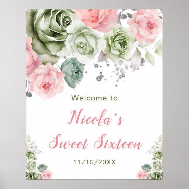 Sage Green and Pink Floral Sweet Sixteen Welcome Poster (Front)