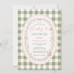 Sage Green and Pink Gingham Coquette Baby Shower Invitation