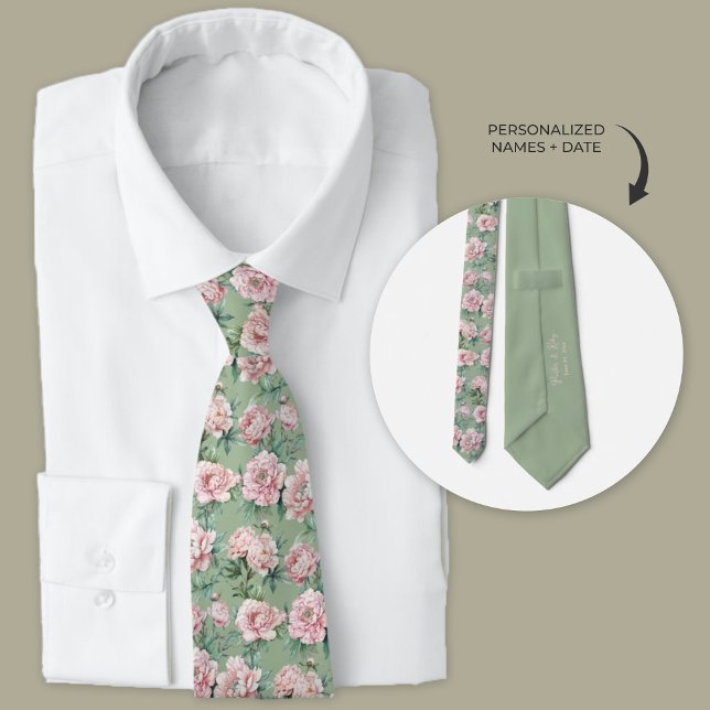 Sage Green and Pink Peony Floral Groomsmen  Tie (Personalized wedding necktie, sage green and pink peonies.)