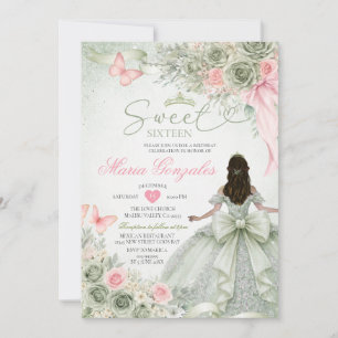 Sage Green and Pink Princess Floral Sweet Sixteen Invitation
