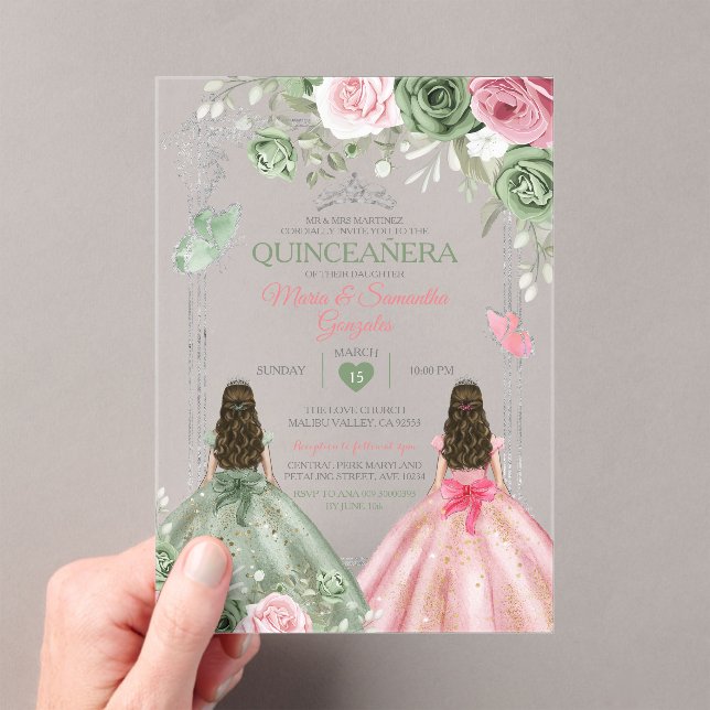 Sage Green And Pink Twin Quinceañera Butterfly Acrylic Invitations (Insitu (Handheld))