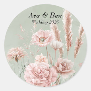 Sage Green and Pink Wildflowers Wedding Classic Round Sticker