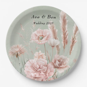 Sage Green and Pink Wildflowers Wedding Paper Plate