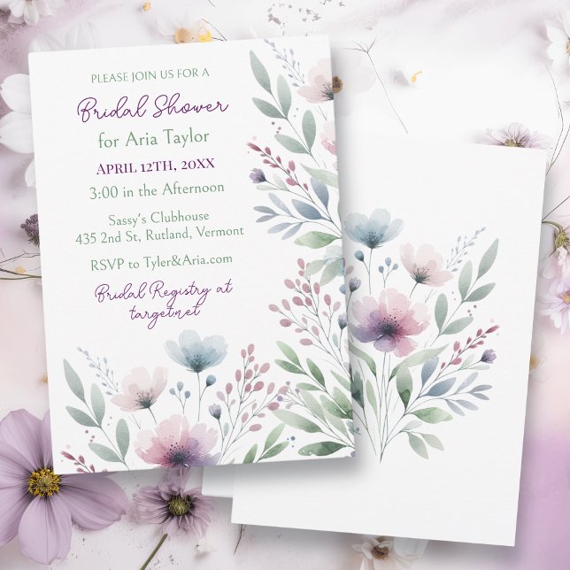 Sage Green and Plum Purple Botanical Bridal Shower Invitation (Creator Uploaded)