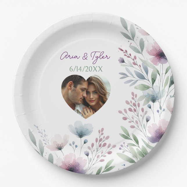 Sage Green and Plum Purple Botanical Wedding Paper Plate (Front)