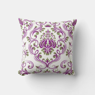 Sage Green and Purple Damask Floral Pattern Cushion