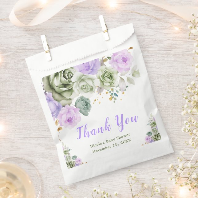 Sage Green and Purple Floral Baby Shower Favour Bags (Clipped)