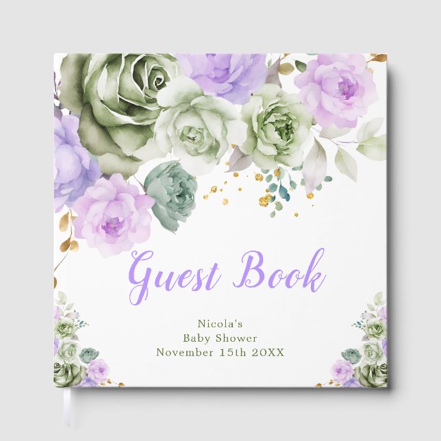 Sage Green and Purple Floral Baby Shower Guest Book (Front)
