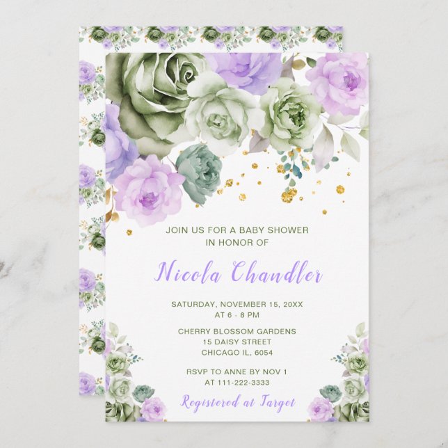 Sage Green and Purple Floral Baby Shower Invitation (Front/Back)