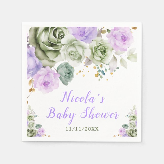 Sage Green and Purple Floral Baby Shower Napkin (Front)