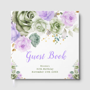 Sage Green and Purple Floral Birthday Party Guest Book
