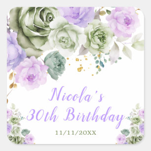 Sage Green and Purple Floral Birthday Party Square Sticker