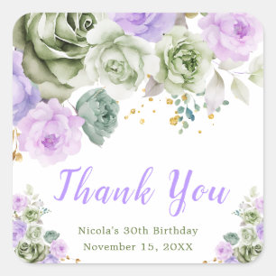 Sage Green and Purple Floral Birthday Party Square Sticker