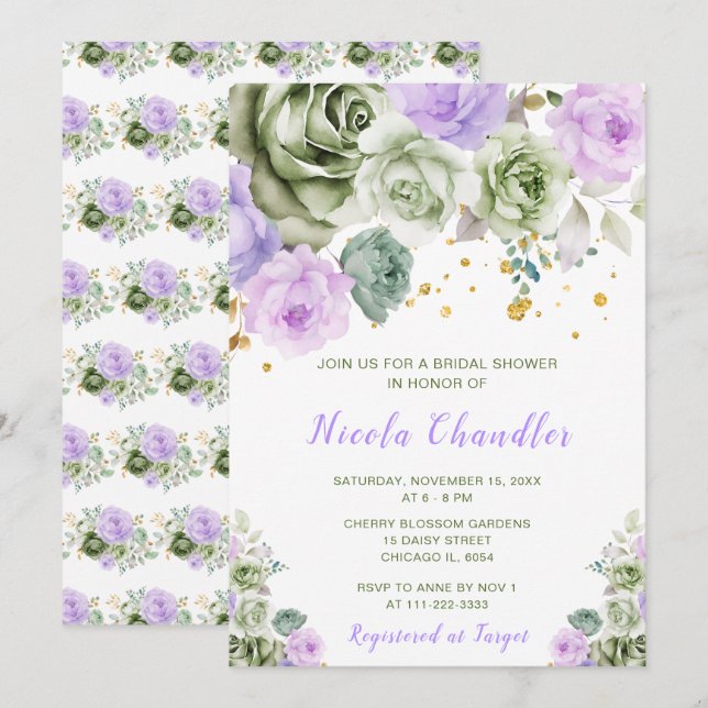 Sage Green and Purple Floral Bridal Shower Invitation (Front/Back)